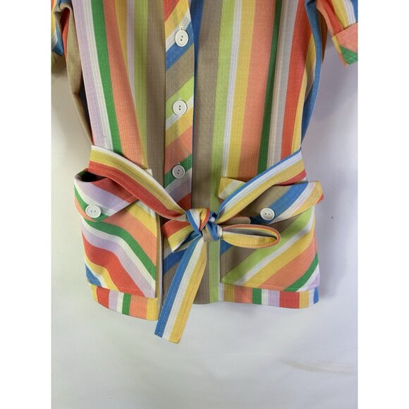 Vintage 70s Rainbow Stripe Belt Wrap Button Shirt Preppy Rockabilly - Picture 2 of 9